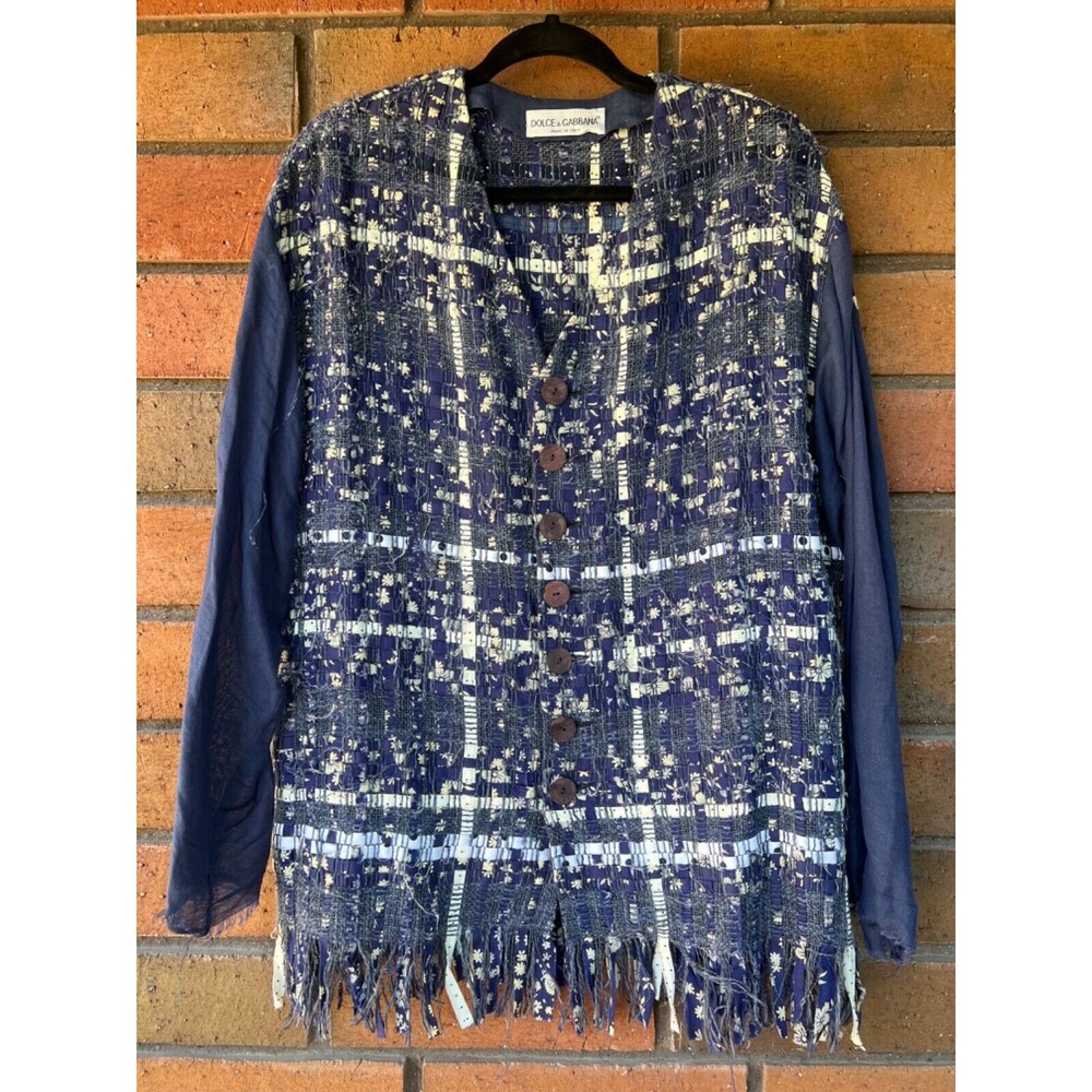 Dolce & Gabbana Jacket Tweed Patchwork Sweater Resort | Blue | Size‎ Medium